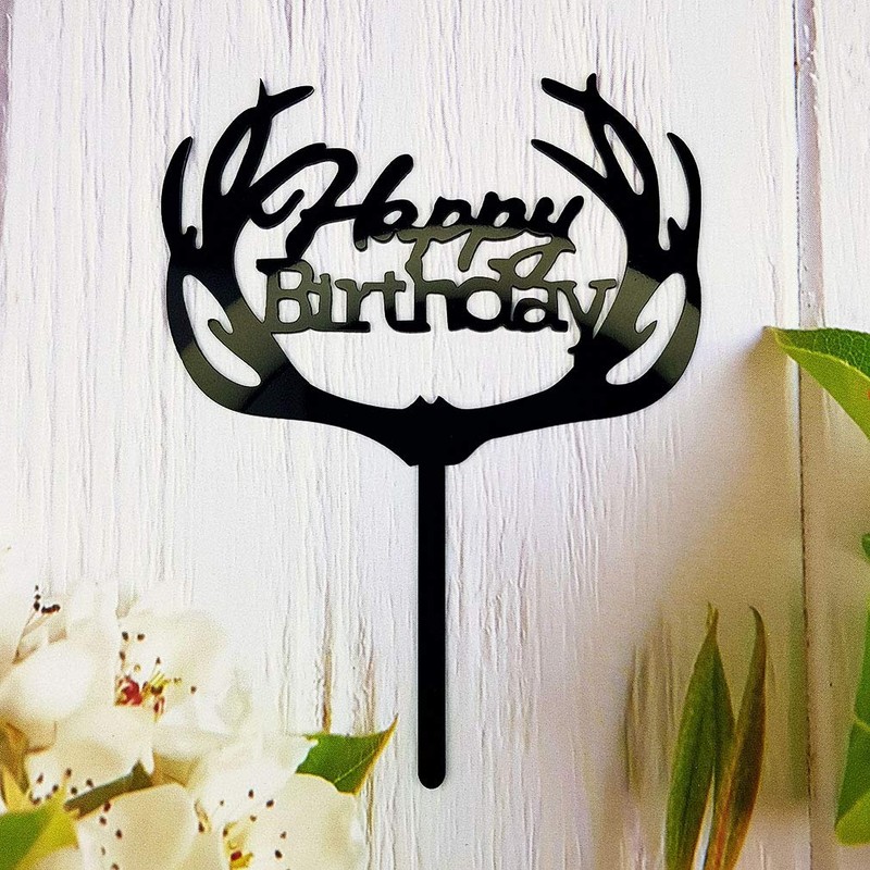 Antlers - Decoración para tartas de feliz cumpleaños (acrílico negro)