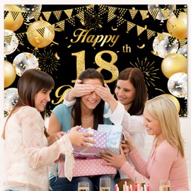 18th Birthday Banner Decoration 18th Birthday Boy Black Gold Birthday Banner 18 Girl Birthday Decoration Extra Large Birthday Background Banner, for 18th Party Birthday Decoration