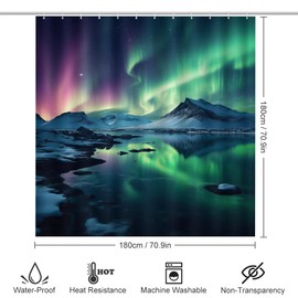 SOPIYRIO Green Aurora Borealis Waterproof Shower Curtain Set (72x72 Inch) with Non-Slip Bath Rugs, 4 Piece Modern Arctic Nature Snowy Mountain Bathroom Set Includes U-Shaped Mat & Toilet Seat Cover