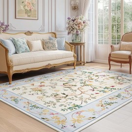 jinchan Area Rug 5x7 Washable Floral Oriental Mat Accent Carpet Indoor Floor Cover Non Slip Living Room Rug Vintage Mat Soft Retro Carpet for Bedroom Dining Room Kitchen Decor Beige/Blue