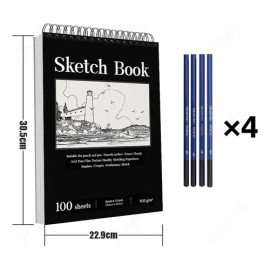 Zvowo Cuaderno A4+ De Boceto Y Dibujo 200 Páginas Blank Sketchbook Con 4 Lápices 2b 4b 6b Hb Cuaderno De Dibujo Libreta Escolar Espiral Color Negro