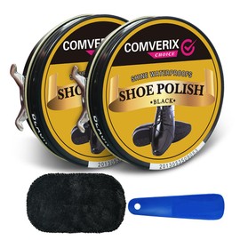 COMVERIX Black Shoe Polish (2 Pack 50ml 1.76oz),Shoe Cleaning Kit with Shoe Cream, Shine Cloth, Durable Shoe Horn, Make shoes High-Gloss Finish, Waterproof UV Protection.