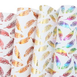 Papel de regalo para regalo, papel de regalo de cumpleaños, papel de aluminio con diseño de plumas, 4 papel de arte blanco para cumpleaños, boda, Navidad, Eid, Día de la Madre o del Padre, baby shower, despedida de soltera (4 hojas)