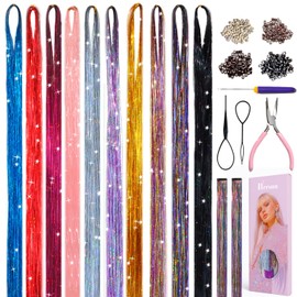 Hersun Hair Tinsel 10 Colors 3200 Strands 48in with Tools Fairy Tinsel Hair Extensions Kit Heat Heat Resistant Fairy Hair For Parties For Girls & Women