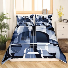 Violin Duvet Cover Set Queen Size Geometry Abstract Navy Grey Comforter Cover 3pcs,Musical Instruments Theme Bedding Set for Kids Boys Girls Adults Room Decor Music Modern Quilt Cover,2 Pillowcases