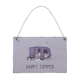 Boltze Home Deko Schild Blechschild Camping mit Spruch Happy Camper 21 * 14cm Deko für Terasse Balkon Garten Metallschild mit Henkel zum Aufhängen Deko Geschenk für Wohnzimmer Sommergarten Camper