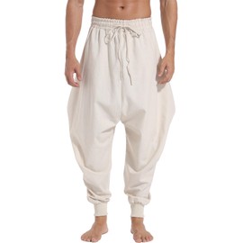 AITFINEISM Men's and womens Cotton Elastic Waist Baggy Yoga Aladdin Hippie Harem Pants (XX-Large, Beige)