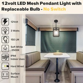 RV Interior 12v LED Pendant Light with Replace Bulb for Trailer Motorhome Kitchen Island Decor Hanging Ceiling Light Fixture 3500K Soft White Lighting 17.6inch, Matte Black Finish, No Switch