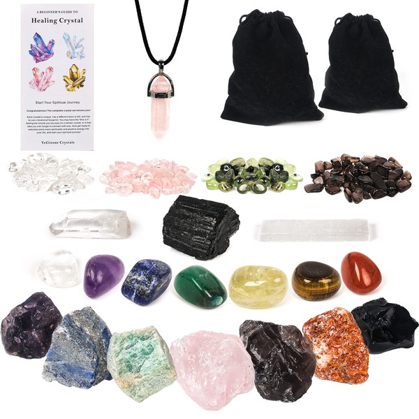 QianCannaor Crystals and Healing Stones with Guide Booklet, 23Pcs Gemstones Healing Crystals with 7 Chakra Crystal Set and Stones, Black Tourmaline, Selenite,Chips for Meditation, Witchcraft Gift