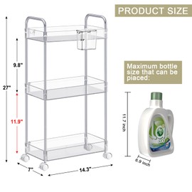 SPACEKEEPER 3 Tier Acrylic Storage Rolling Cart Clear Bathroom Cart Organizer, Transparency Laundry Room Organization Mobile Shelving Unit Multifunction Rolling Utility Cart for Office Living Room