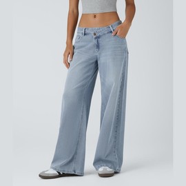 Halara Flex Asymmetric Low Rise Zipper Pockets Baggy Wide Leg Washed Casual Jeans#TikTokShopBacktoSchool:_Light Azure Denim_tall_L(12-14)