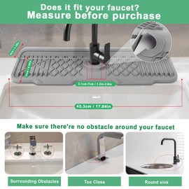 UOSHXAH 17 Inch Faucet Mat For Kitchen Sink Splash Guard Behind Faucet, ，5°Slope Fast Draining Silicone Mat , Dish Soap Sponge Holder for Bathroom Sink kitchen sink organizer (Grey, 17" x 6")