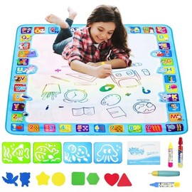 Pizarrón Mágico para Niños, 100x100cm Tapete infantil para Dibujar con Agua, Water Doodle Mat Alfombra Pintura Grande con 4 Rotuladores, 4 Plantillas y Moldes, Regalo Pizarra Magica
