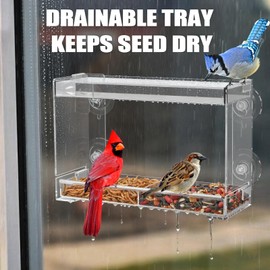 Window Bird Feeder, Clear Birdfeeder with Strong Suction Cups, Large Viewing Window Feeder with Large Capacity Detachable Seed & Water Tray