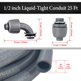 Wocloer Liquid-Tight Conduit - 1/2inch 25 Foot Flexible Non Metallic Liquid Tight Electrical Conduit Kit, With 4 Straight and 3 90-Degree Conduit Connector Fittings.1/2" Dia