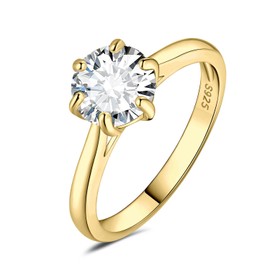JewelryPalace Classic 2ct Cubic Zirconia Solitaire Engagement Rings for Women, 14K Yellow Gold Plated 925 Sterling Silver Promise Ring for Her, Round Cut CZ Anniversary Wedding Rings Size N