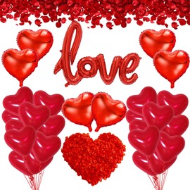 Valentine's Day Decoration Set, Romantic Decoration Set, Red Heart-Shaped Foil Balloons, 6 Heart Foil Balloons, 200 Red Rose Petals, 20 Heart Balloons, for Marriage Proposal, Engagement, Wedding