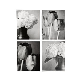 Lisa Russo Fine Art - Black and White Wall Art - Floral Wall Decor Set of 4 Prints - Not Framed - Living Room, Bathroom, Bedroom Wall Art (4 8x10 Prints Only)