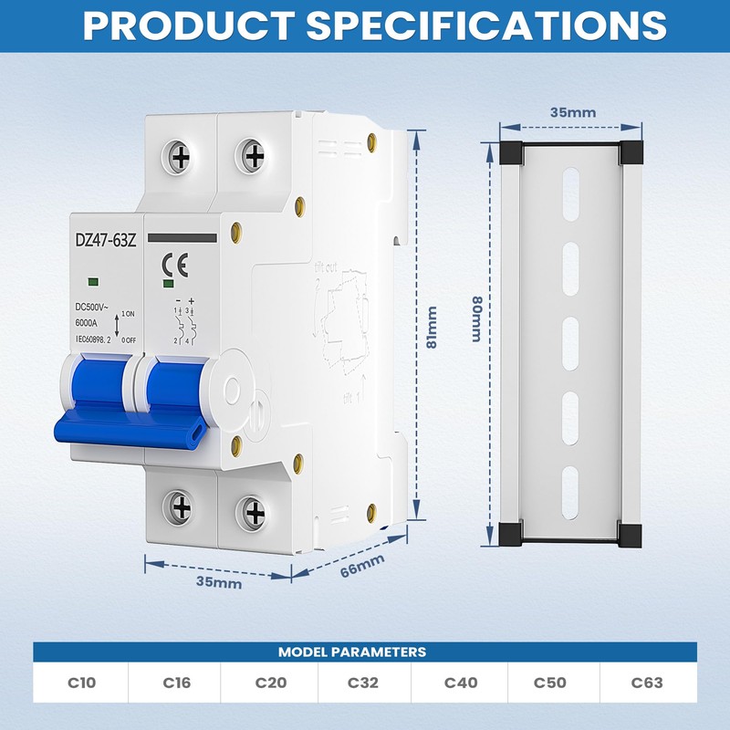 DC Circuit Breaker 32A 2P 500V, Miniature Disconnect Switch for