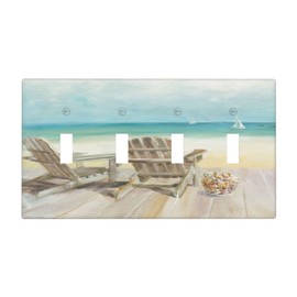 Spshian Light Switch Cover Beach Chair Seascape Blue Ocean 4 Gang Switch Plate Quad Toggle Wall Plates Modern Coastal Decorative Switchplate Electrical Outlet Cover Plates for Bathroom Bedroom Decor