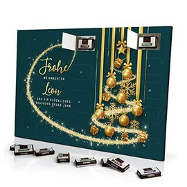 printplanet Adventskalender mit Namen Leon - gefüllt mit Schokoladen-Füllung - personalisiert mit Namens-Motiv Frohe Weihnachten - Grün - Schoko-Kalender, Weihnachtskalender