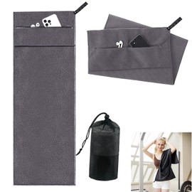 Fitness Towel,135 x 50 cm Sports Towel Gym Towel,Microfiber Soft Absorbent Fitness Towel with Zipper Compartment for Gym Beach Yoga Camping (Gray)