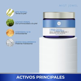 MIST JEWEL Crema TENS-UP Facial con Postbióticos marinos, Ácido Hialurónico, Caviar Verde y Q10 | Crema tensora efecto lifting e hidratante de cuidado facial para uso de día y noche skin care hombre y mujer. Todo tipo de piel 50g