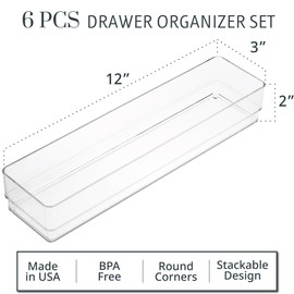 STORi SimpleSort 6-Piece Stackable Clear Drawer Organizer Set | 12" x 3" x 2" Rectangle Trays | Narrow Makeup Vanity Storage Bins and Office Desk Drawer Dividers | Made in USA