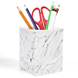 CABALAY Marble Pencil Pen Holder for Desk, Multi-Functional Pen Cup Pencil Holder for Office School Supplies Storage, Makeup Brush Holder for Home and Office (Cuboid-White)