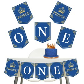 Royal Prince 1st Birthday Highchair Banner One High Chair Banner Garland Navy Blue Gold Glittery Baby Boy First Birthday Decorations