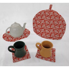 Penny's Needful Things Floral Damask Tea Pot Cozy & Coaster Set - Red