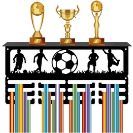 CREATCABIN Football Medal Holder Sports Trophy Shelf Soccer Medal Hanger Display with Shelf Stand Ribbon Organizer Sports 3 Rows Iron Wall Mount Hold 60+ Medals for Players Swimming Awards Rack