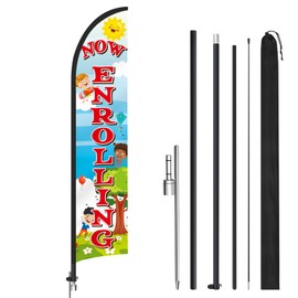 CroBlissful 1 Pack Now Enrolling Daycare Feather Flag Swooper Flag Weatherproof Polyester Preschool Banner 12ft x 2.5ft for Outside Business Advertising(Now Enrolling)