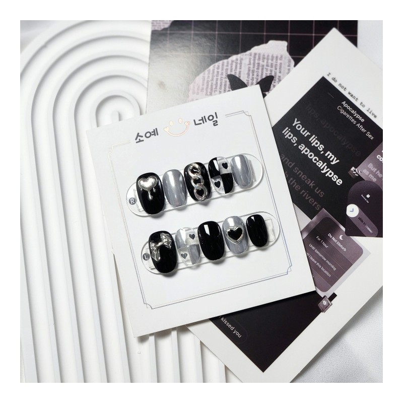 Melting Black Silver Nail Tips - Coffin Egg / 멜팅블랙실버