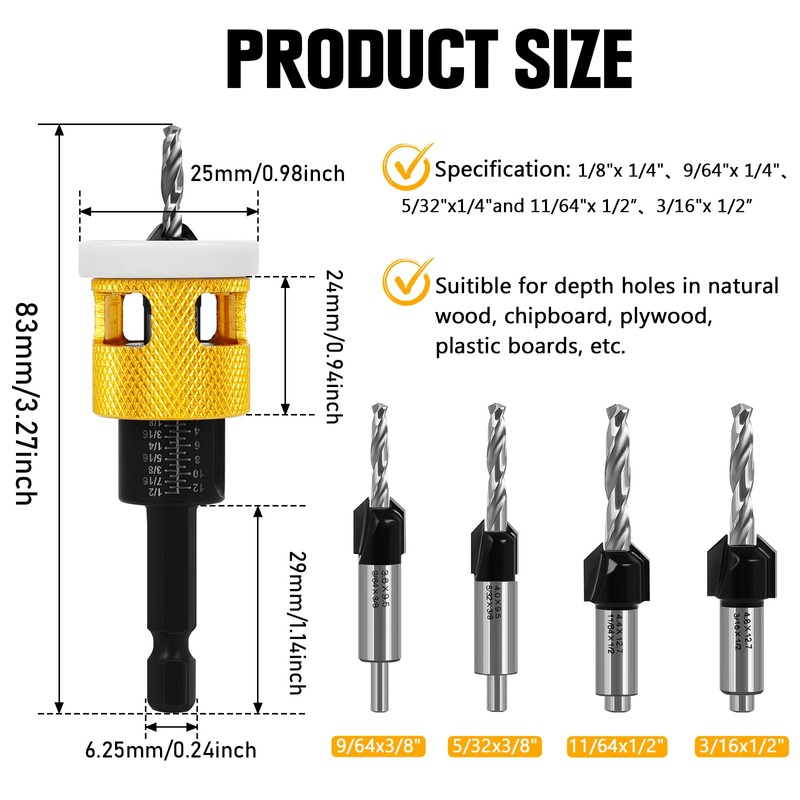 Countersink Drill Bit Set for Wood, 7Pcs Counter Sink Drill