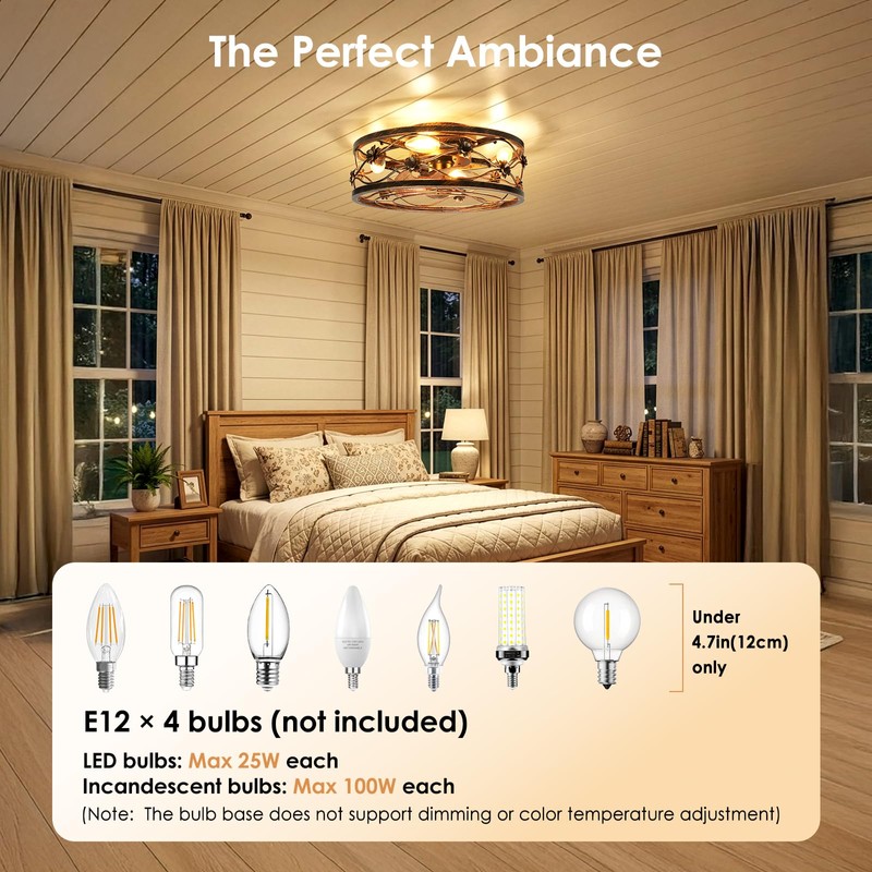ropelux Caged Ceiling Fan with Lights, Rustic Farmhouse Low Profile