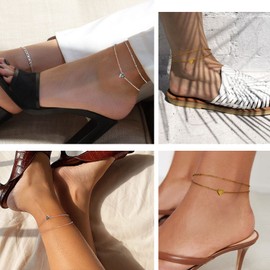 Bestyle Gold Plated Ankle Bracelets for Women Girl Dainty Cute Heart Charm Layered Satellite/Rolo Ankle Chain, Minimalist Gold Feet Jewelry (J)