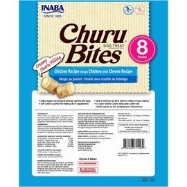 INABA Churu Bites for Dogs, Grain-Free, Soft/Chewy Baked Chicken Wrapped Churu Filled Dog Treats, 0.42 Ounces Each Tube | 24 Tubes Total, Chicken with Cheese Recipe