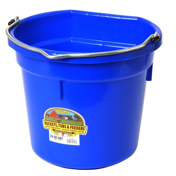 Little Giant® Flat Back Plastic Animal Feed Bucket | Animal Feed Bucket with Metal Handle | Horse Feed & Water Bucket | 20 Quarts | Blue