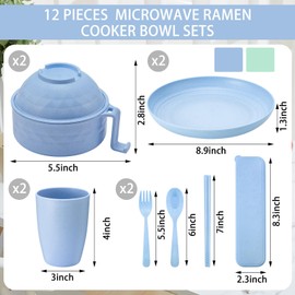 Romooa 12 Pcs Microwave Dorm Dinnerware Sets 33 oz Wheat Straw Ramen Bowl with Handles Unbreakable Bowl with 8.9 Inch Plates Cups Cutlery for Picnic Party Dorm College(Light Blue, Light Green)