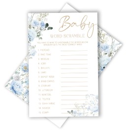 GOLRMC Blue Floral Baby Shower Games for Boy Girl, Spring Baby Word Scramble Game Gender Neutral Party Decorations Favors Ideas, 25 Pcs, 5x7 In-C07
