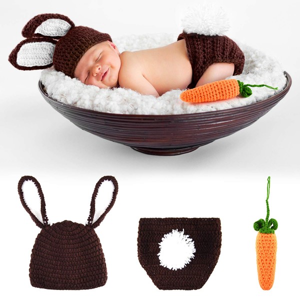 FEPITO Easter Bunny Rabbit Costume Newborn Photography Props Crochet Knit Outfits (0-3 Month, Gray)
