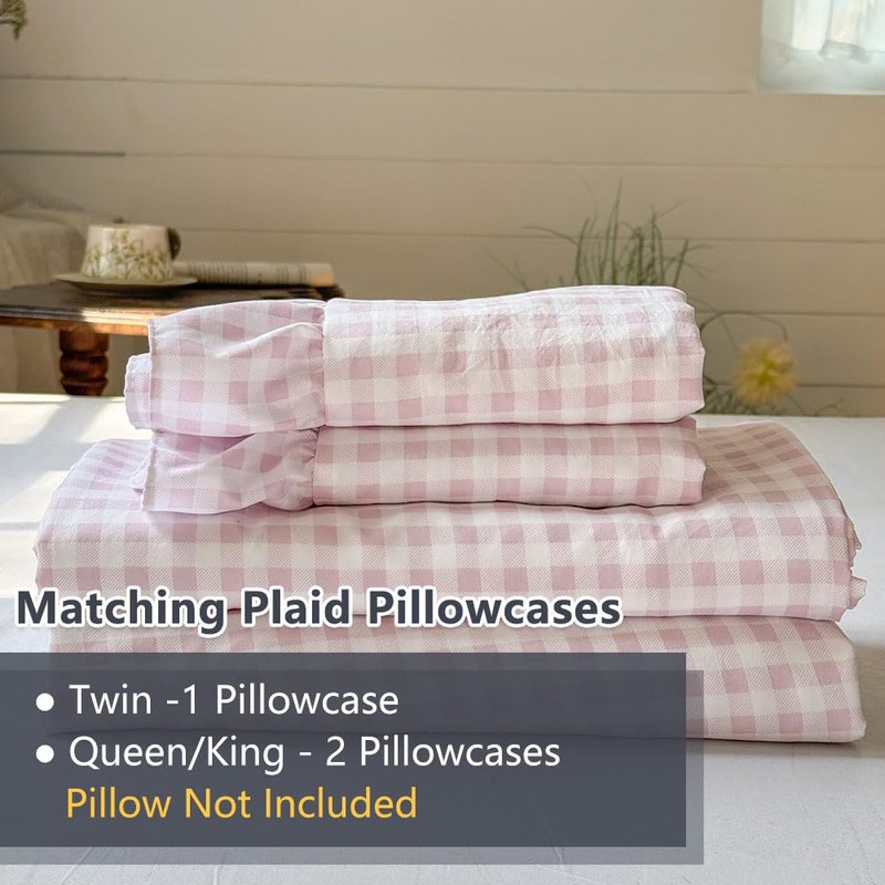 NSNLGSGC Pink Gingham Ruffle King Sheet Set, Pink Soft Pre-Washed