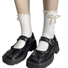 Stylskss Women's 1 Pair Pearl Bow Tie Vintage Calf Sock Ruffled Trim Knee High Socks White One Size