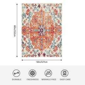 HGOD DESIGNS Flannel Fleece Bed Blanket 130x150cm Carpet Pattern Boho Style Ethnic Design Orange Blue Throw Blanket Lightweight Cozy Plush Blanket for Bedroom Living Rooms Sofa Couch