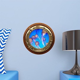 Jellyfish Porthole Window Wall Decal Brasswood Sea Life Ocean Fish Peel and Stick Removable Fabric Vinyl Wall Sticker 12 inch