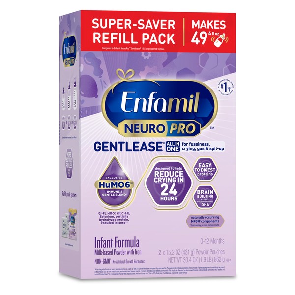 Enfamil NeuroPro Gentlease Baby Formula, Infant Formula Nutrition, Brain Support that has DHA, HuMO6 Immune Blend, Designed to Reduce Fussiness, Crying, Gas & Spit-up in 24 Hrs, Refill Box, 30.4 Oz