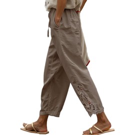 Acelitt Women Casual Linen Pants Summer Lightweight Drawstring Elastic Waist Fashion 2025 Beach Capri Pants Trousers Khaki Large
