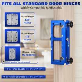Door Hinge Jig, Aluminum Alloy Door Hinge Template Kit for Router, Adjustable Mortise Jig Fits Door Hinges from 2.5" to 5" Length and Thicknesses, 1/4" Radius, 5/8" Radius and Square Corner Types