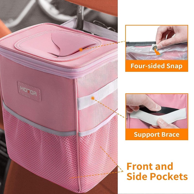 HOTOR Car Trash Can with Lid and Storage Pockets -